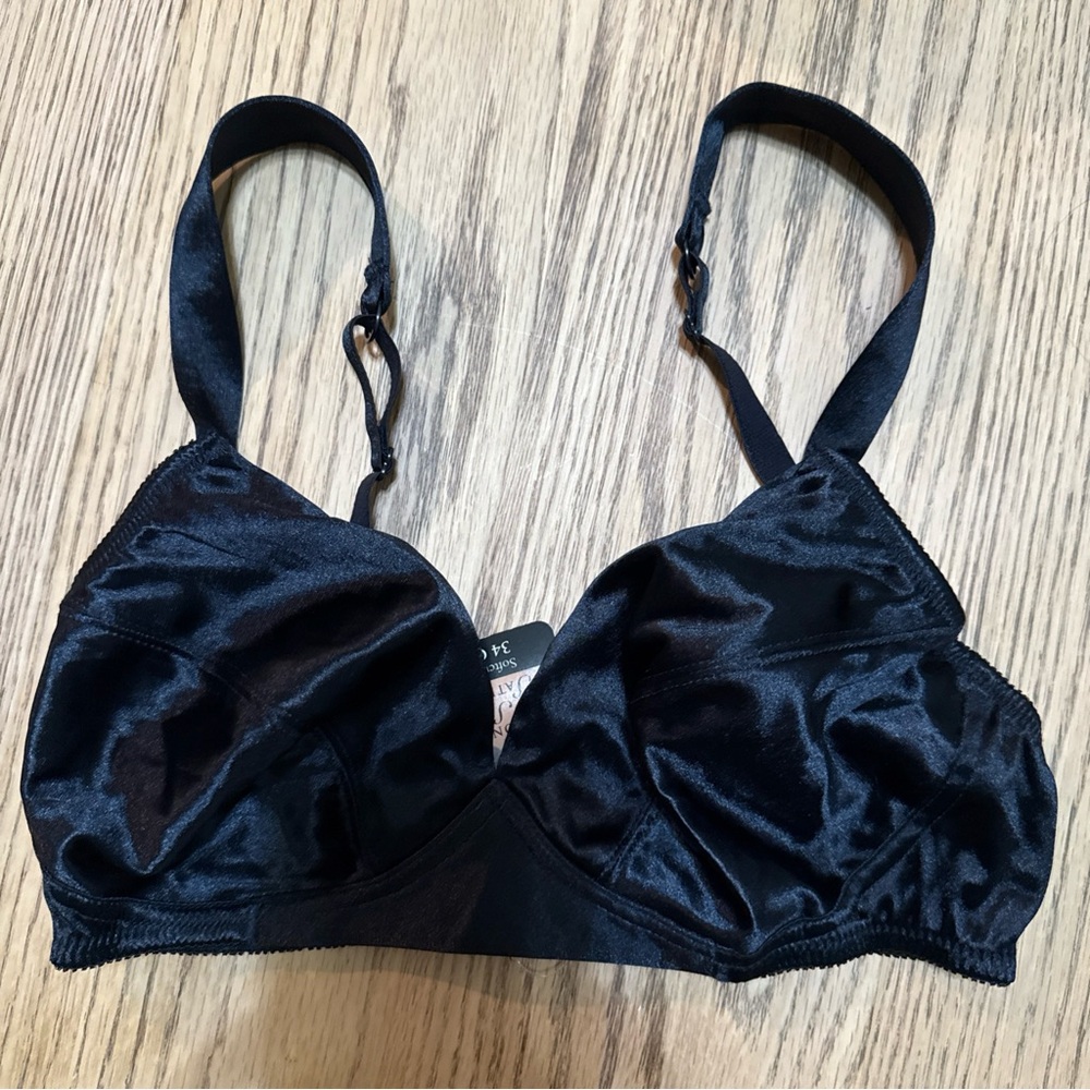 NWT VTG Victoria Secret Bra Black Second Skin Satin Wireless Unlined 34C
